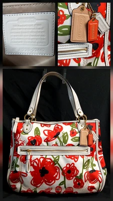 Coach Glam Zip Tote Bag Red Poppy White Green Floral Hallie Sateen Handbag  - Image 1 of 4
