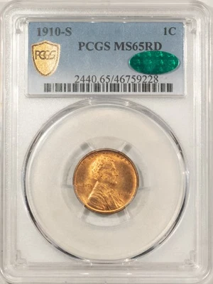 1910-S LINCOLN CENT - PCGS MS-65 RD, LUSTROUS RED GEM! CAC APPROVED! - Image 1 of 3