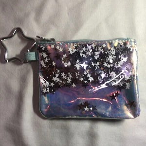 Justice Girl's Silver Star Confetti Light Blue Change Purse Mini Bag Good Condit - Picture 1 of 5