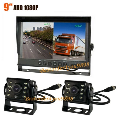 9" IPS Split Monitor+2 x 4Pin AHD 1080P Front Car Rear View Backup Camera SD DVR - Image 1 of 4