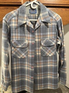 Pendleton Board Shirt Loop Collar M Beige Gray Cream Plaid Wool Camp Vtg - Picture 1 of 10