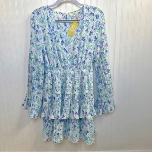 Entro Multi Blue Floral Tiered Ruffle Feel The Warmth Midi Dress Size Large NEW - Picture 1 of 6