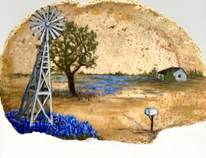 Original Texas Bluebonnet Landscape Oil Painting on Fossil Coral Slab, 7-1/2" - Picture 1 of 9
