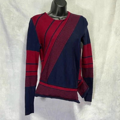 TORY BURCH RED AGATE” LION STRIPE WOOL ASYMMETRICAL NAVY RED SWEATER SIZE XS EUC - Image 1 of 4