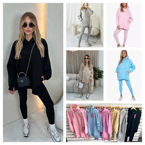 Women's Oversized Fleece Hooded Sweatshirt & Leggings Set Ladies Coord Tracksuit - Picture 1 of 19