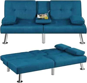 Faux Leather Sofa Bed Convertible Futon Sofa with 2 Throw Pillows Cup Holders - Picture 1 of 14