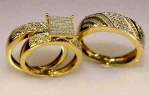 Juego de trío de anillos de boda nupcial para su novia diamante creado en laboratorio enchapado en oro amarillo de 14 k - Imagen 1 de 2
