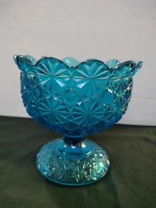 Vintage Turquoise Blue Daisy and Button Glass Candy Dish (Missing Lid) Compote  - Picture 1 of 5