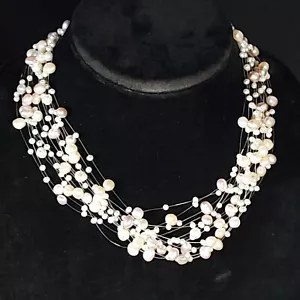 MULTISTRAND FLOATING NATURAL PEARL NECKLACE 925 STERLING CLASP - Picture 1 of 12