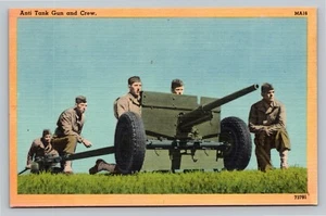 US Army Anti Tank Gun and Crew Vintage unbenutzt Leinen Postkarte - Bild 1 von 2