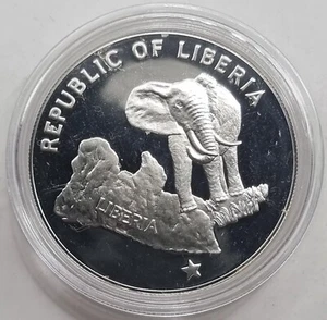 Liberia 5$ Dollars Silver Proof coin 1973 Elephant - Picture 1 of 2