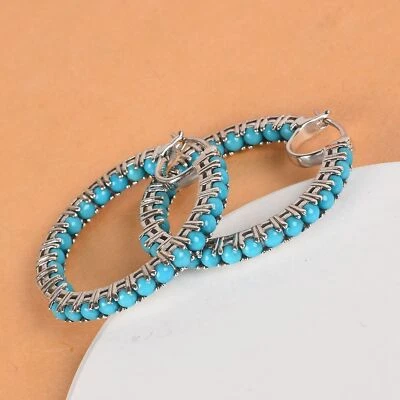 1.00 Ct Turquoise Hoop Earrings Prong Setting 925 Solid Sterling Silver - Image 1 of 4