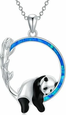Collar colgante de bambú panda enchapado en plata de ley joyería de ópalo azul simulada Foto 1 de 4