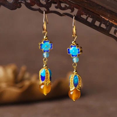 China Agate/cloisonne/alloy Gild Flower Tibetan Style Exquisite Earbob Earrings - Image 1 of 4