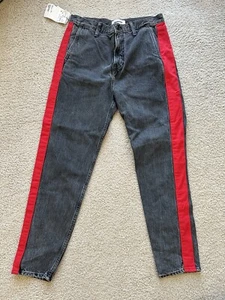 MONKEY TIME Black Denim Tapered Jeans With Red Side Stripe Women’s Size 6 Or P8 - Picture 1 of 8
