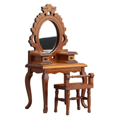 1:12 Dollhouse Vintage Dressing Table Stool Set Miniatures Furniture Wood Brown - Image 1 of 4