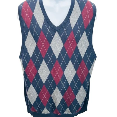 Argyle Sweater Vest V Neck Sleeveless Gray Burgundy Blue Men's Large - Image 1 of 4