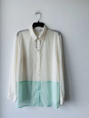 Blusa De Colección Jaclyn Smith Abotonada Chifón Transparente Azul Marfil Mujeres XL Arte Boho Foto 1 de 4