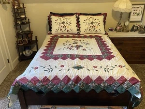 ✅Juego de cama de edredón completo tradicional Y2K de colección 2 fundas de almohada verde borgoña floral - Imagen 1 de 21