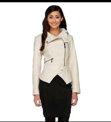 G.I.L.I. Chaqueta Moto Off White 100% Cuero Suave Peplum Cremallera Nueva Sin Etiquetas $338 Talla 2 Foto 1 de 4
