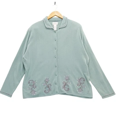 vtg Koret Embellished Cardigan 1X Light Blue Floral Cozy Grandmacore Sweater - Image 1 of 4