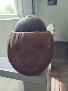 Vintage HAVE FUN Tiki Bar Carved Coconut Monkey Souvenir Bank Primitive Handmade - Picture 1 of 6