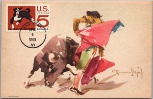 BULLFIGHTING Artist-Signed CARLOS RUANO LLOPIS Postcard / 1966 NYC Cancel - Picture 1 of 2