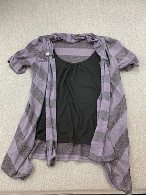 Cárdigan HeartSoul para mujer grande púrpura gris a rayas manga corta frente abierto tejido Foto 1 de 4