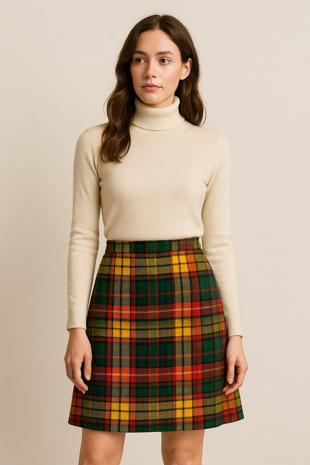 Vtg 70s Wool Plaid Tartan  Skirt  Bright Academia School Girl Preppy Mod Handmad - Image 1 of 4