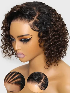 UNice Malaysian Ombre Brown Bob Curly Precut Lace Front Glueless Wigs Human Hair - Picture 1 of 8