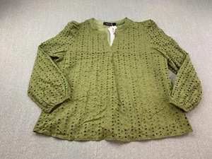Merokeety Eyelet Peasant Top Womens Size L Olive Green V-neck Cottage Core BOHO - Picture 1 of 14
