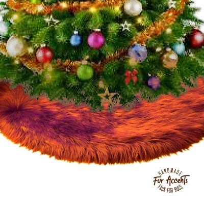 Christmas Tree Skirt Decoration Shaggy Faux Fur Round Handmade USA Fur Accents - Image 1 of 4