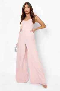 Wide Leg Jumpsuit 14 Boohoo Strappy Pink Pleated BNWT