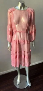 Vestido romántico transparente sexy rosa medio saxo boho gasa en niveles S - Imagen 1 de 6