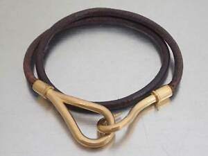 Auth HERMES Jumbo Double Wrap Bracelet Bangle Brown/Goldtone Leather - e51332i