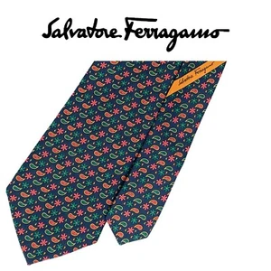 Salvatore Ferragamo Dark Blue Tie -Orange Green Micro Paisley Floral Italy Silk  - Picture 1 of 10