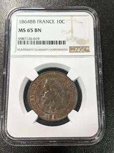 1864 BB MS65 BN France 10 Centimes NGC KM 798.2 TOP POP 2/0 F-134/12 Gad-253 - Picture 1 of 4