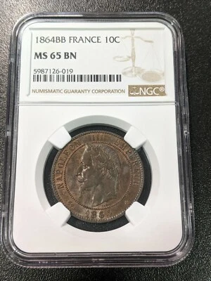 1864 BB MS65 BN Francia 10 céntimos NGC KM 798,2 TOP POP 2/0 F-134/12 Gad-253 Foto 1 de 4