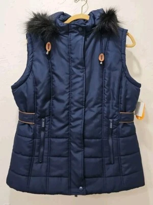 Chaleco acolchado Vibtage Sporto para mujer chaqueta con capucha ribete de piel talla L azul marino Foto 1 de 4