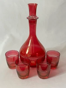 Vintage Mid Century Etched Ruby Red Flash Decanter and 4 Glasses Set - Picture 1 of 8
