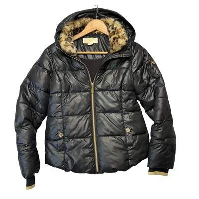 Michael Kors девочек пальто 14 черный пуховик капюшон леопард золотой молнии зимняя куртка - Изображение 1 из 4