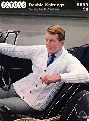 Man Cardigan Jacket Size 102-112cm (40 to 44 in) - Patons 9899 - Vintage Print - Image 1 of 2