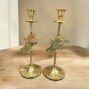 VTG Tall Brass Candlesticks Cherub Angel Playing Music Candle Holders Christmas - Picture 1 of 5