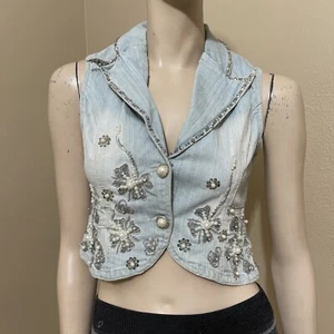 Women’s Light Blue Denim Cotton Casual Beaded Embroidered Buttons Size S Vest - Picture 1 of 12