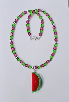 粉色和绿色捷克玻璃珠西瓜吊坠项链 18 英寸春夏  — 第 1/4 张图片