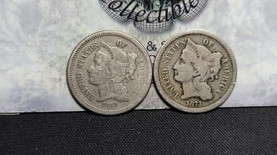 Lot of 2 Three Cent Nickels 3c 1866 & 1873 - Image 1 of 4