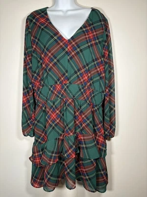 CATO Smocked Waist Plaid Green Red Holiday Dress Ruffle Tiered Christmas Size XL - Image 1 of 4