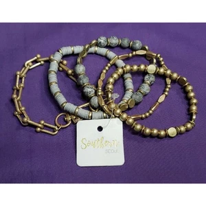 Southern Seoul Set Of Five Matte Gold And Gray Bracelets, Real Stones, NWT - Picture 1 of 17
