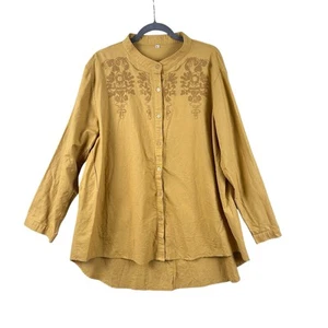 Túnica Boho Lino Abotonada Talla XL Dorada Manga Larga Bordada Alta Baja Indie - Imagen 1 de 10