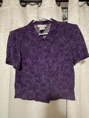 Miss Dorby 紫色短袖纽扣衬衫复古 80 年代几何图案。 — 第 1/4 张图片